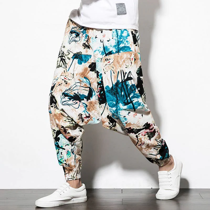 Pantaloni harem lunghi da uomo in cotone con tasche, stampati con Buddha Stones, fiori, foglie, marrone e blu - Image 7