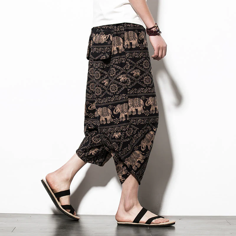 Pantaloni harem lunghi da uomo in cotone con tasche, stampati in nero e marrone con Buddha Stones - Image 10