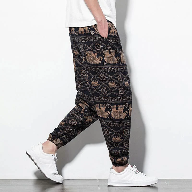 Pantaloni harem lunghi da uomo in cotone con tasche, stampati in nero e marrone con Buddha Stones - Image 5