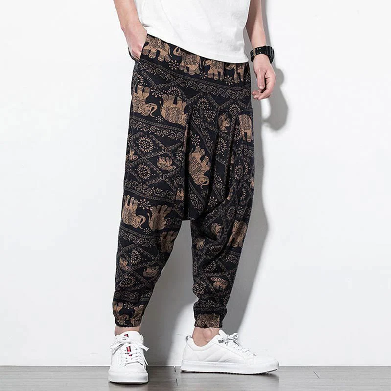 Pantaloni harem lunghi da uomo in cotone con tasche, stampati in nero e marrone con Buddha Stones - Image 6