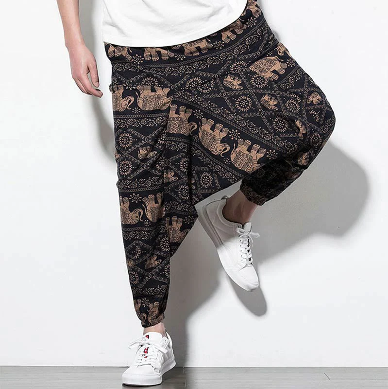 Pantaloni harem lunghi da uomo in cotone con tasche, stampati in nero e marrone con Buddha Stones - Image 8