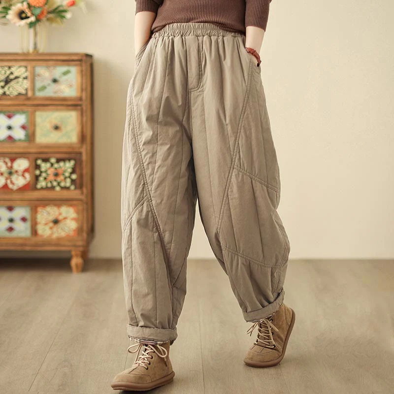 Pantaloni harem termici da donna in cotone a vita alta con elastico in vita e tasche, Buddha Stones Winter Plain - Image 2