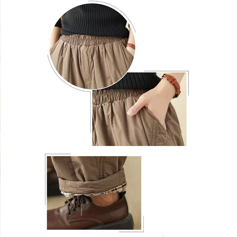 Pantaloni harem termici da donna in cotone a vita alta con elastico in vita e tasche, Buddha Stones Winter Plain - Image 21