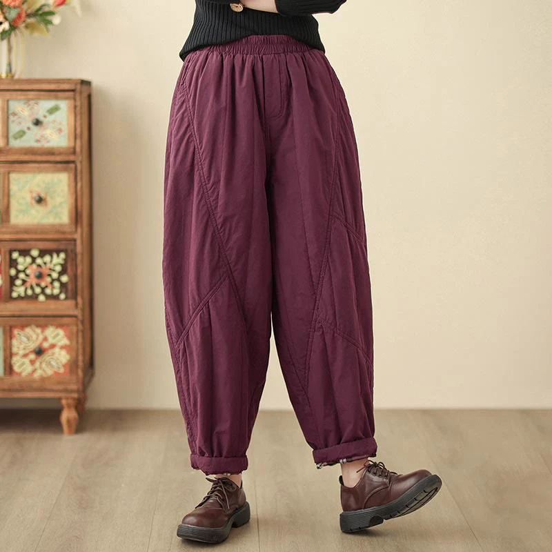 Pantaloni harem termici da donna in cotone a vita alta con elastico in vita e tasche, Buddha Stones Winter Plain - Image 22