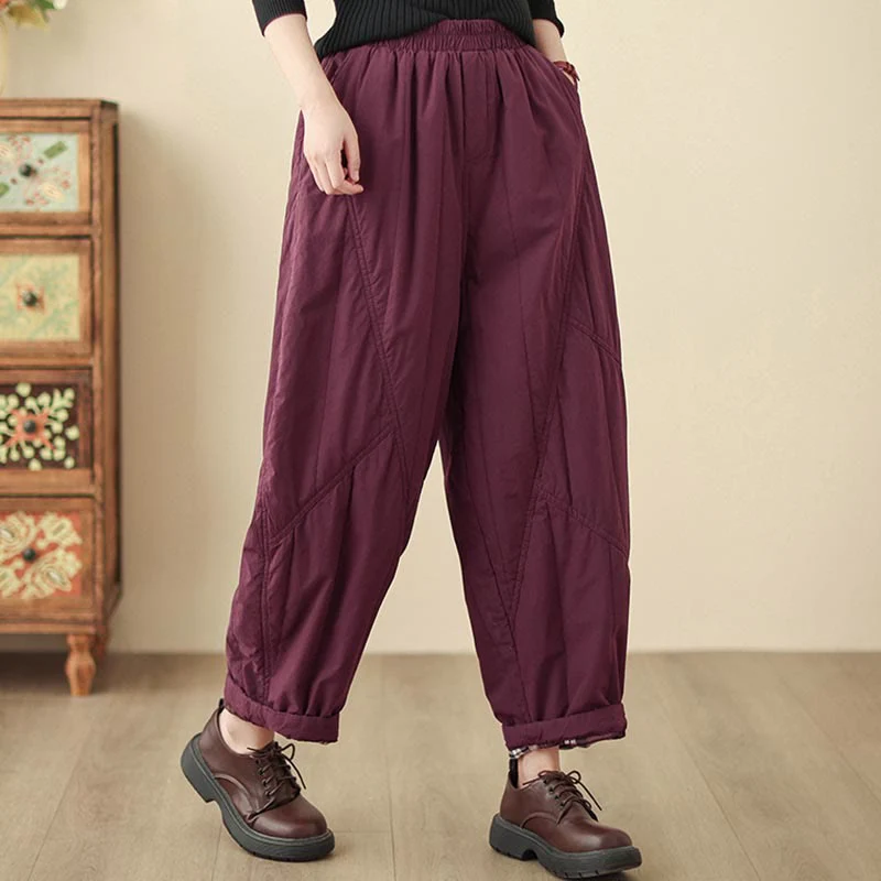 Pantaloni harem termici da donna in cotone a vita alta con elastico in vita e tasche, Buddha Stones Winter Plain - Image 25