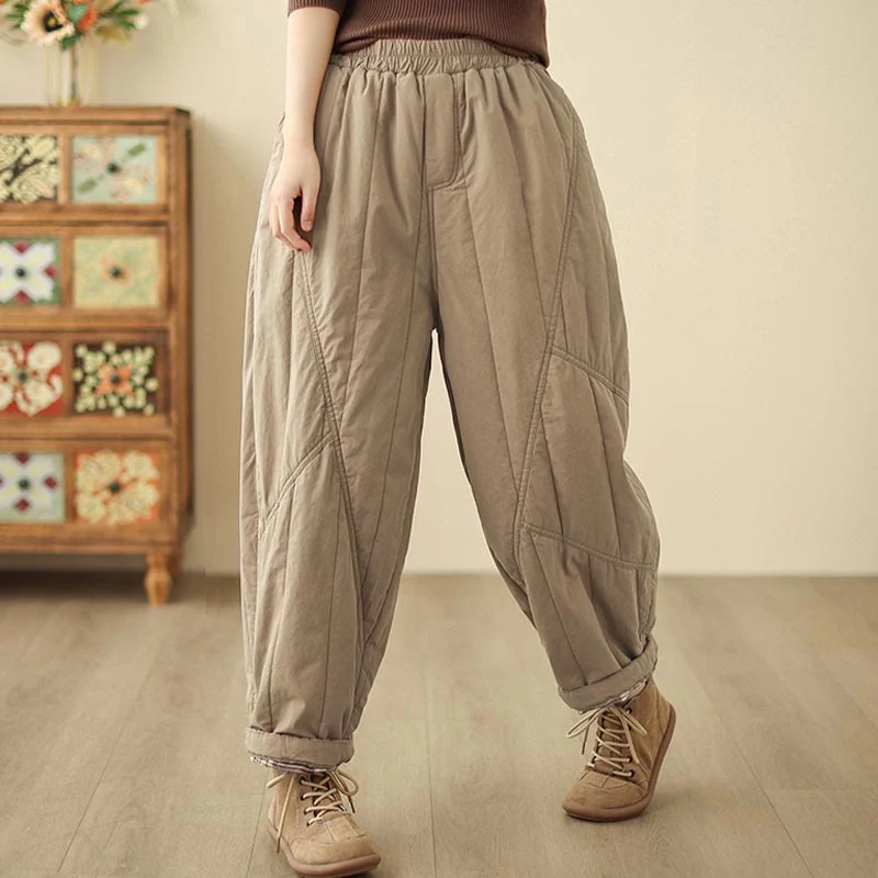 Pantaloni harem termici da donna in cotone a vita alta con elastico in vita e tasche, Buddha Stones Winter Plain - Image 3
