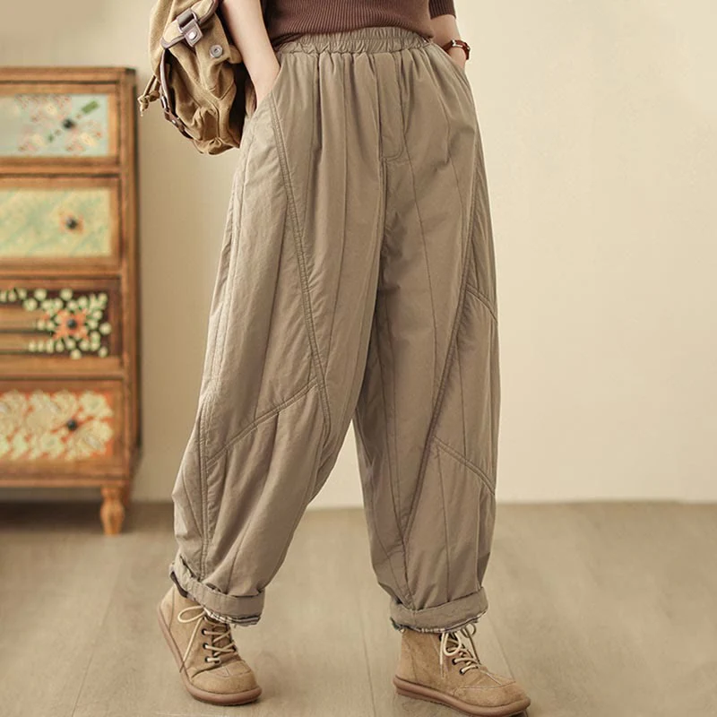 Pantaloni harem termici da donna in cotone a vita alta con elastico in vita e tasche, Buddha Stones Winter Plain - Image 4