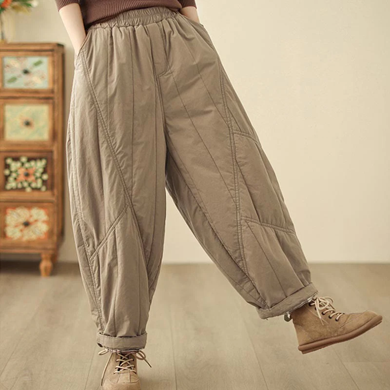 Pantaloni harem termici da donna in cotone a vita alta con elastico in vita e tasche, Buddha Stones Winter Plain - Image 5