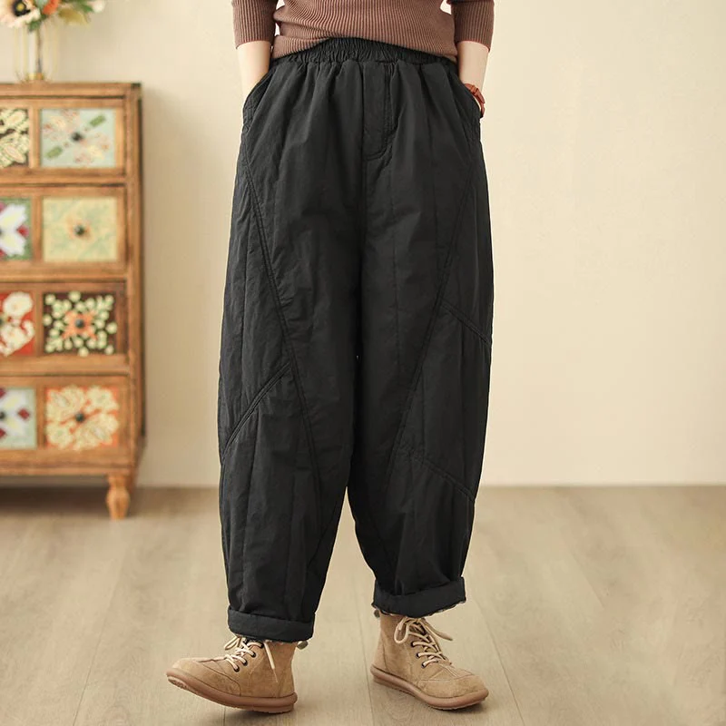 Pantaloni harem termici da donna in cotone a vita alta con elastico in vita e tasche, Buddha Stones Winter Plain - Image 6