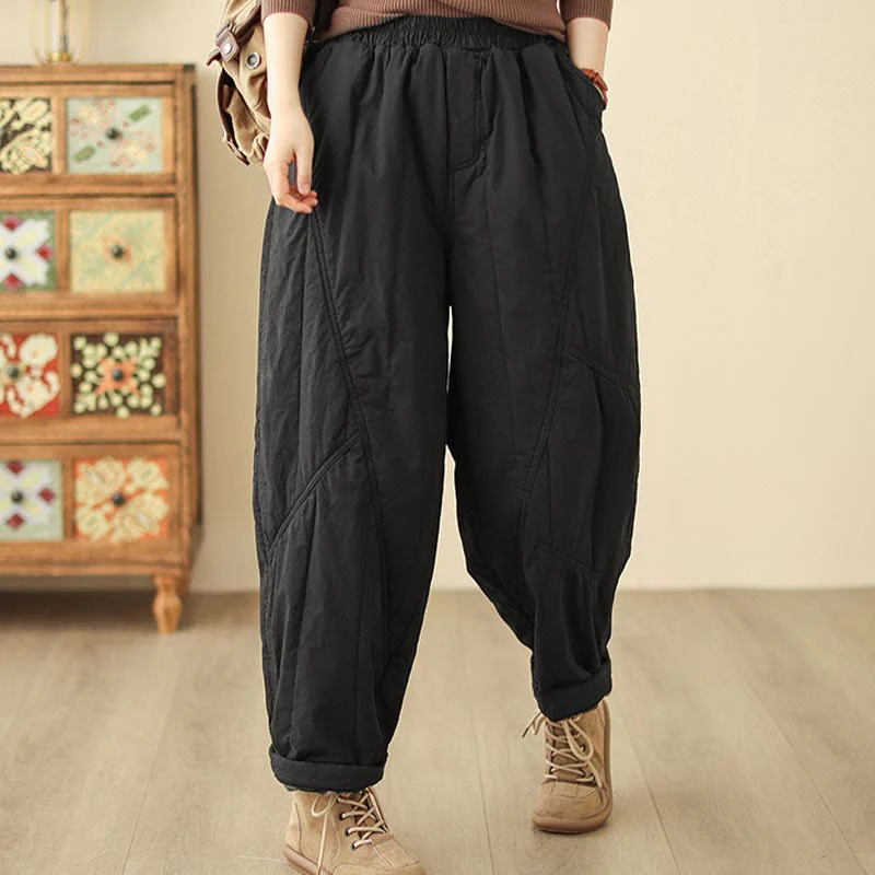 Pantaloni harem termici da donna in cotone a vita alta con elastico in vita e tasche, Buddha Stones Winter Plain - Image 7