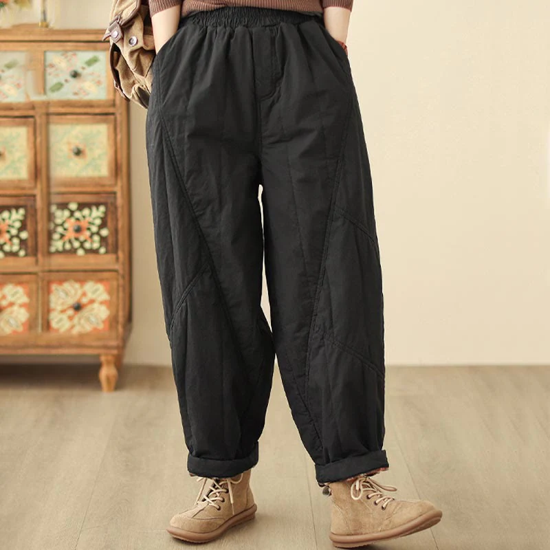 Pantaloni harem termici da donna in cotone a vita alta con elastico in vita e tasche, Buddha Stones Winter Plain - Image 8