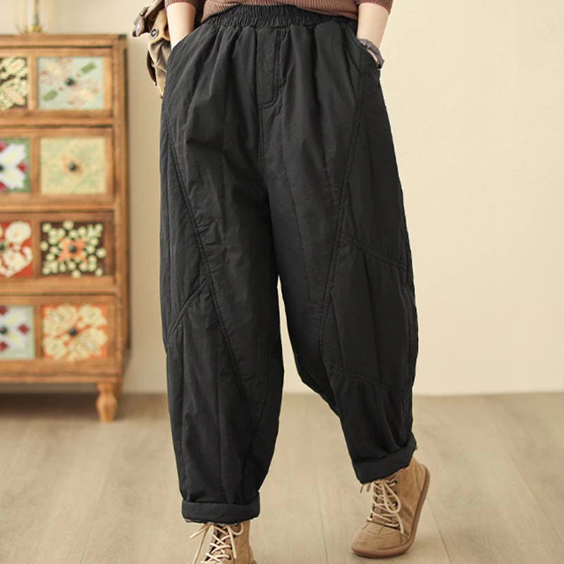 Pantaloni harem termici da donna in cotone a vita alta con elastico in vita e tasche, Buddha Stones Winter Plain - Image 9
