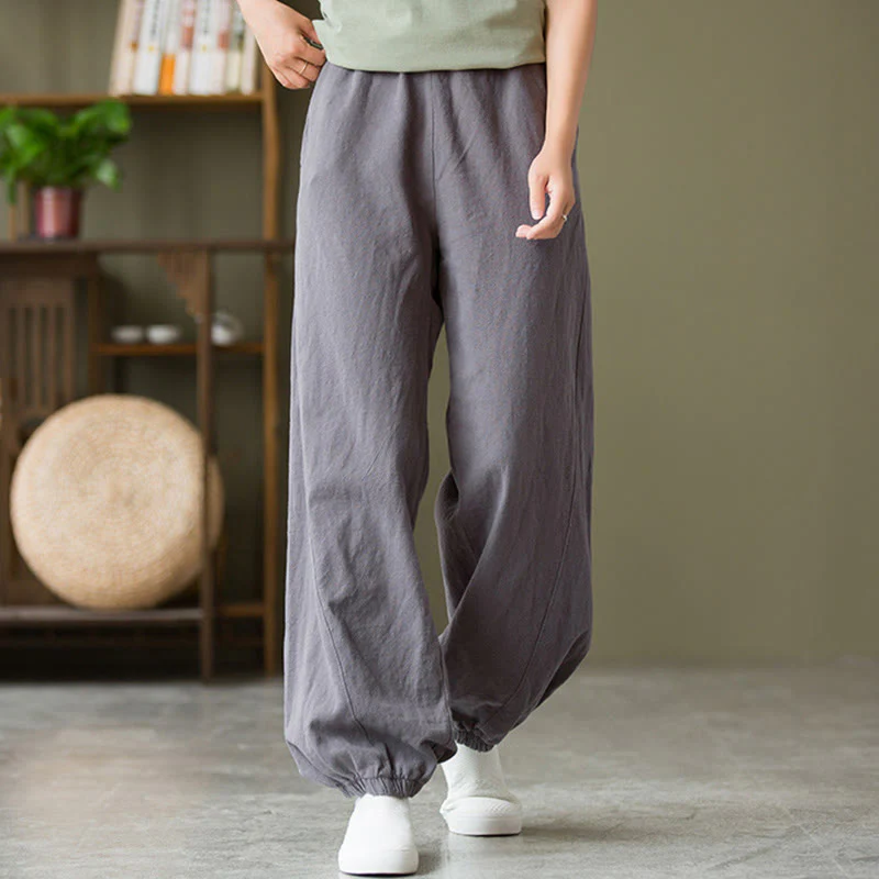 Pantaloni in cotone e lino ramiè tinta unita Buddha Stones con tasche
