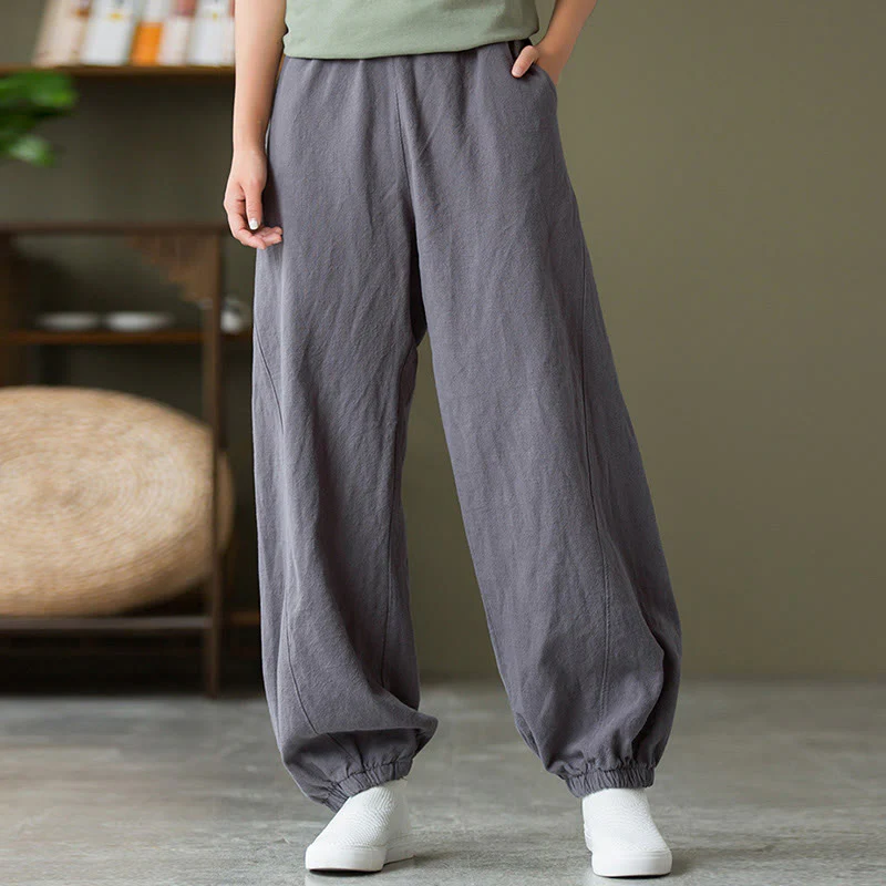 Pantaloni in cotone e lino ramiè tinta unita Buddha Stones con tasche - Image 3