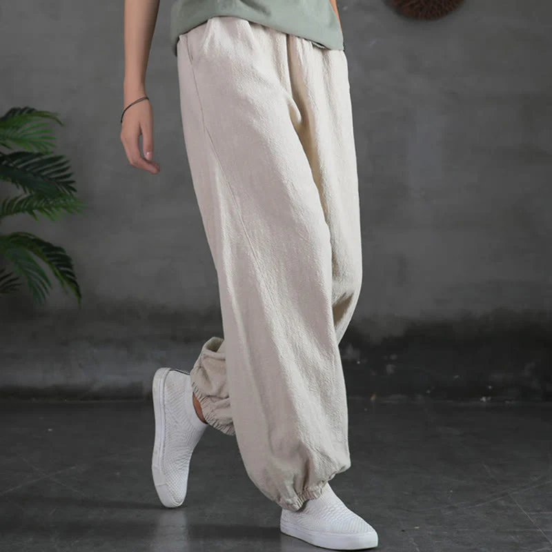 Pantaloni in cotone e lino ramiè tinta unita Buddha Stones con tasche - Image 9