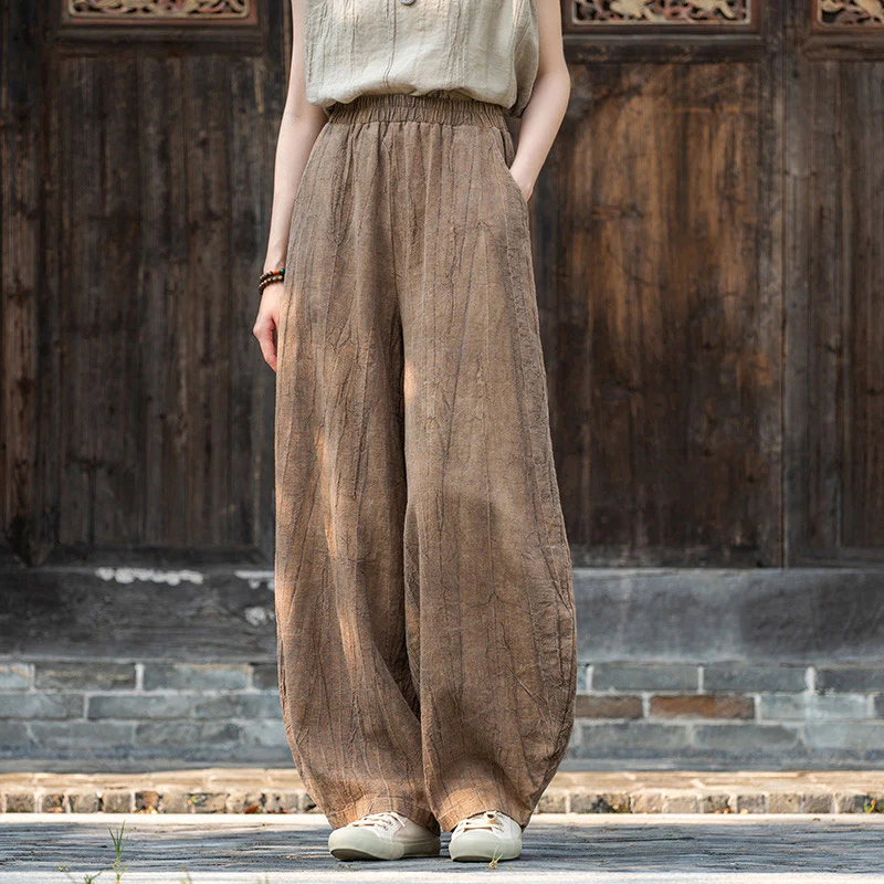 Pantaloni in lino e cotone ramiè Buddha Stones Pantaloni con design tie-dye Pantaloni larghi Zen Yoga da donna con tasche
