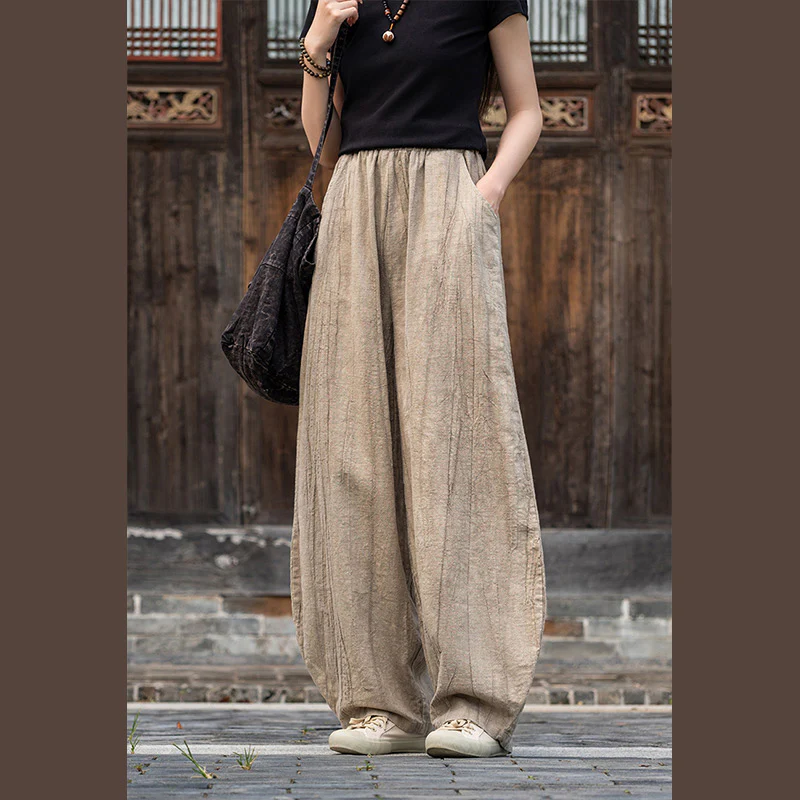 Pantaloni in lino e cotone ramiè Buddha Stones Pantaloni con design tie-dye Pantaloni larghi Zen Yoga da donna con tasche - Image 13