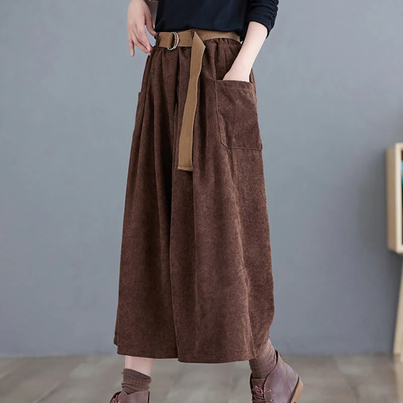 Pantaloni in velluto a coste da donna Buddha Stones Retro, a gamba larga, lunghezza 7-8, con tasche e cintura - Image 18