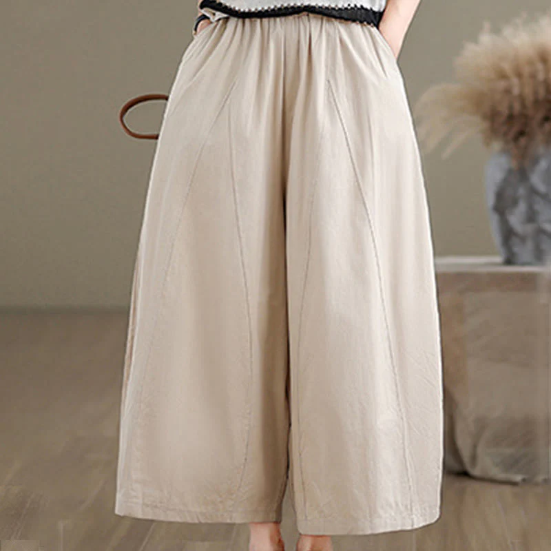 Pantaloni larghi da donna Buddha Stones, casual, in cotone tinta unita, con tasche, lunghezza 7-8 - Image 2