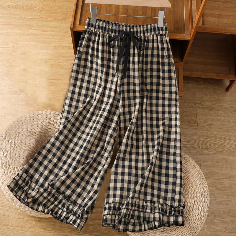 Pantaloni larghi da donna Buddha Stones in cotone casual con cuciture a griglia, lunghezza 7-8, con tasche - Image 2