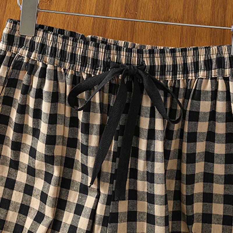 Pantaloni larghi da donna Buddha Stones in cotone casual con cuciture a griglia, lunghezza 7-8, con tasche - Image 3