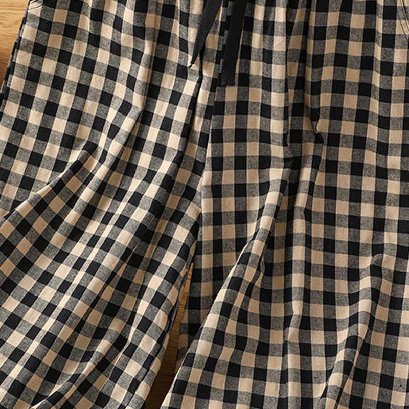 Pantaloni larghi da donna Buddha Stones in cotone casual con cuciture a griglia, lunghezza 7-8, con tasche - Image 5