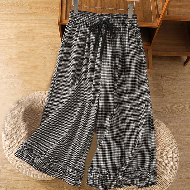 Pantaloni larghi da donna Buddha Stones in cotone casual con cuciture a griglia, lunghezza 7-8, con tasche - Image 9