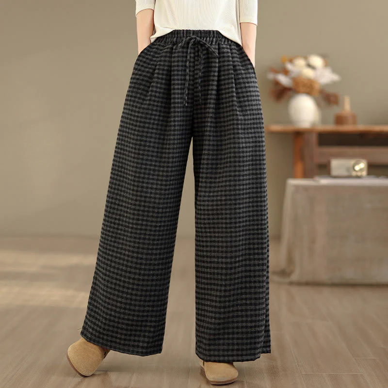 Pantaloni larghi da donna con tasche e motivo scozzese casual Buddha Stones - Image 2