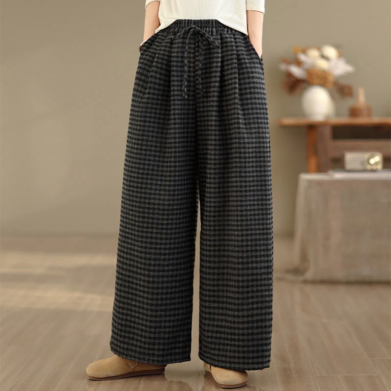 Pantaloni larghi da donna con tasche e motivo scozzese casual Buddha Stones - Image 5