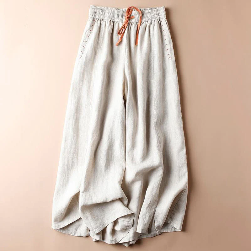Pantaloni larghi da donna con tasche e orlo a fessura in cotone Buddha Stones, lunghezza 7-8