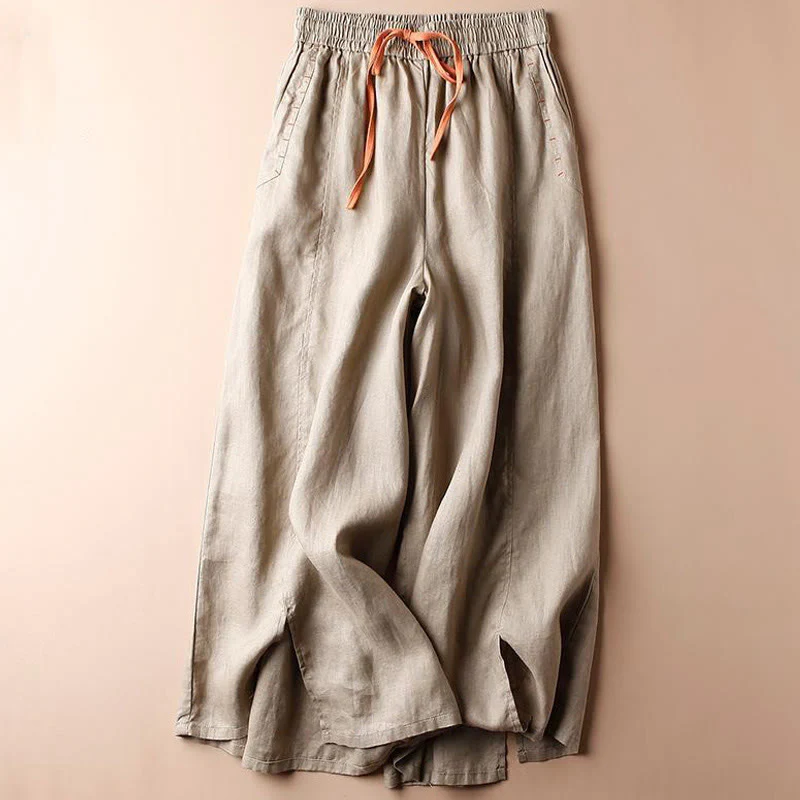Pantaloni larghi da donna con tasche e orlo a fessura in cotone Buddha Stones, lunghezza 7-8 - Image 8