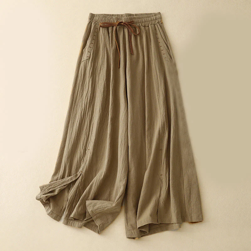 Pantaloni larghi da donna in cotone con tasche, lunghezza 7-8, modello Buddha Stones, con spacchi laterali casual