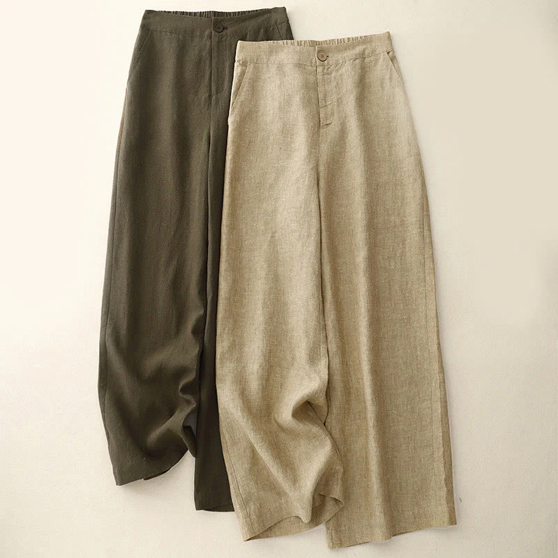 Pantaloni larghi da donna in cotone e lino, casual e semplici, con elastico in vita e tasche, modello Buddha Stones