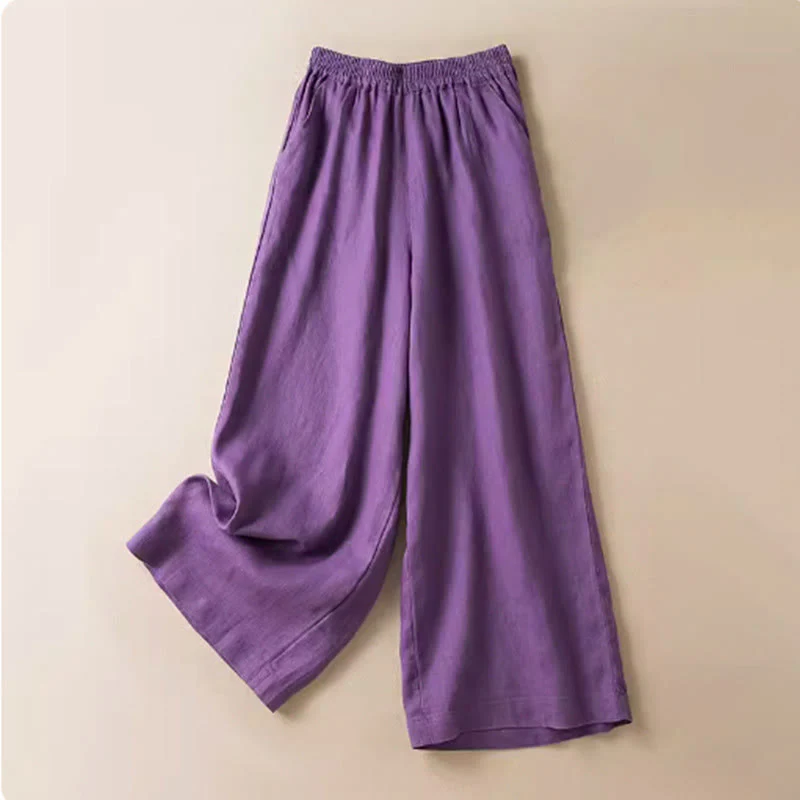 Pantaloni larghi da donna in cotone e lino, casual, tinta unita, con tasche, Buddha Stones - Image 10
