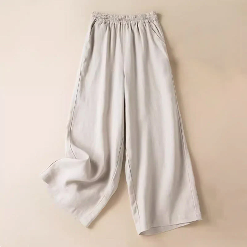 Pantaloni larghi da donna in cotone e lino, casual, tinta unita, con tasche, Buddha Stones - Image 22