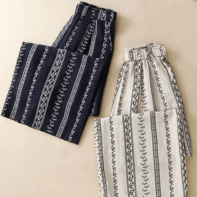 Pantaloni larghi da donna in cotone e lino con stampa verticale Buddha Stones e tasche - Image 16