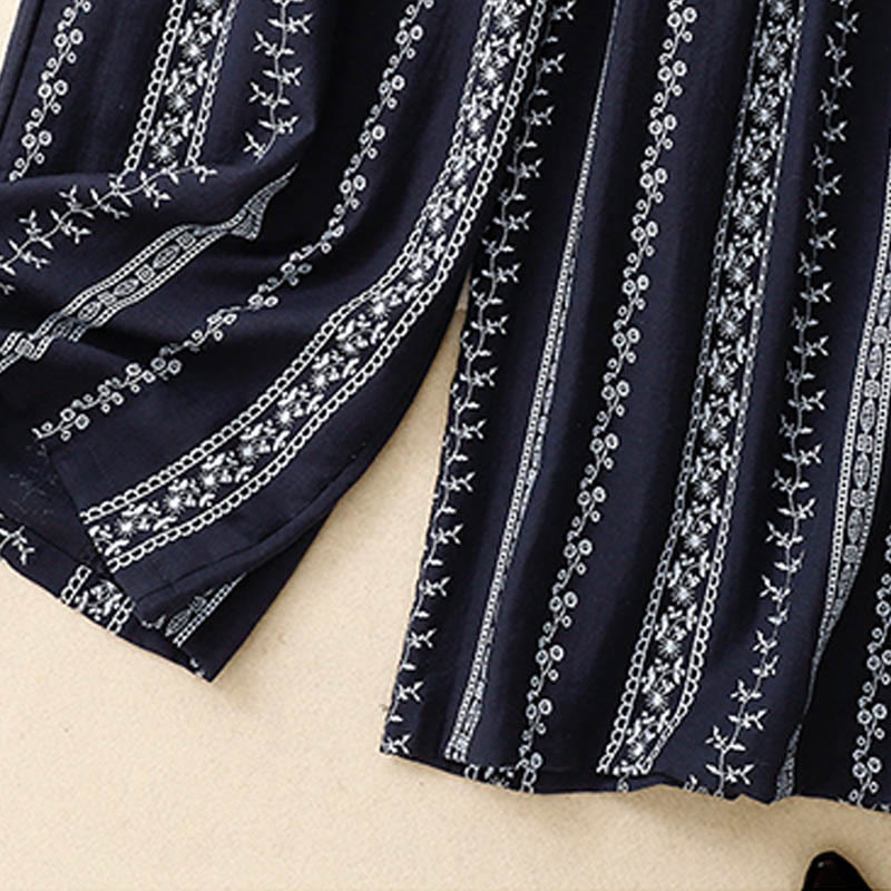 Pantaloni larghi da donna in cotone e lino con stampa verticale Buddha Stones e tasche - Image 3