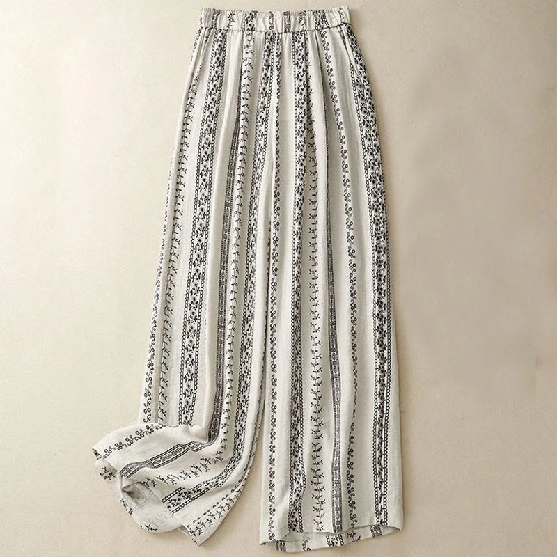 Pantaloni larghi da donna in cotone e lino con stampa verticale Buddha Stones e tasche - Image 6