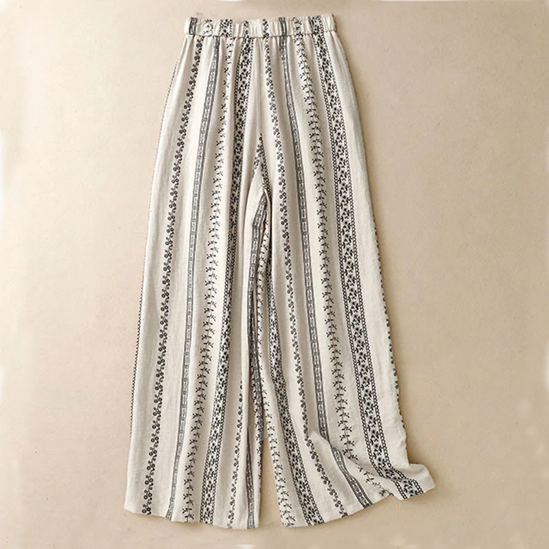 Pantaloni larghi da donna in cotone e lino con stampa verticale Buddha Stones e tasche - Image 7