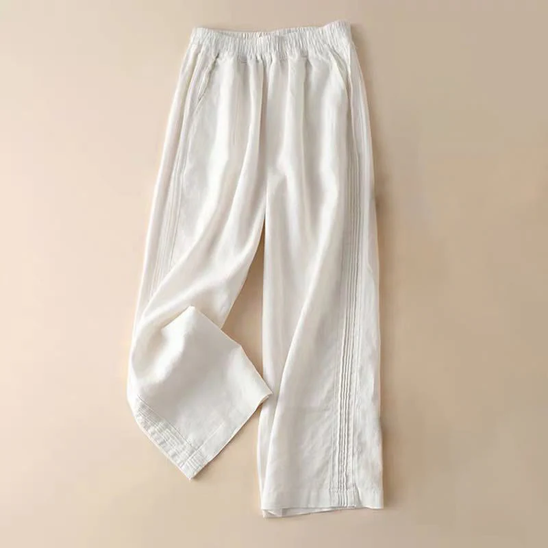 Pantaloni larghi da donna in cotone e lino con tasche, casual, tinta unita, con pieghe laterali , Buddha Stones - Image 14