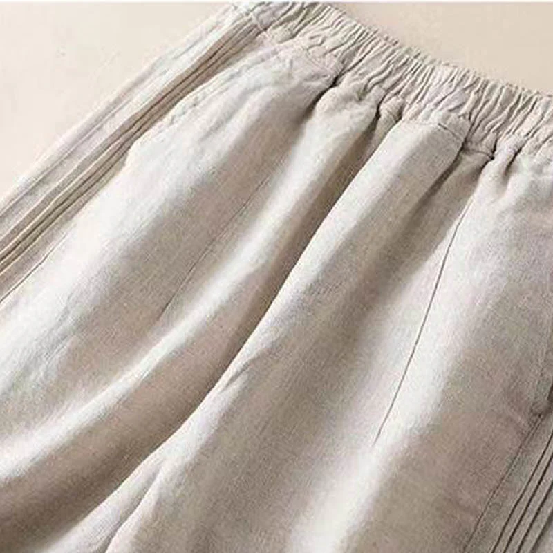 Pantaloni larghi da donna in cotone e lino con tasche, casual, tinta unita, con pieghe laterali , Buddha Stones - Image 3