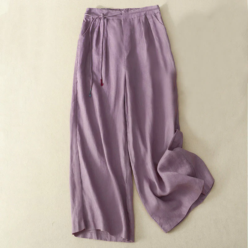 Pantaloni larghi da donna in cotone e lino, con tasche, modello Buddha Stones, casual, primavera, tinta unita, con coulisse, lunghezza 7-8