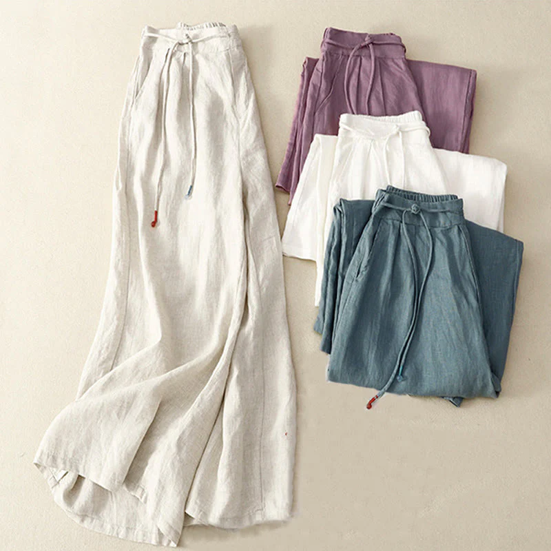 Pantaloni larghi da donna in cotone e lino, con tasche, modello Buddha Stones, casual, primavera, tinta unita, con coulisse, lunghezza 7-8 - Image 19