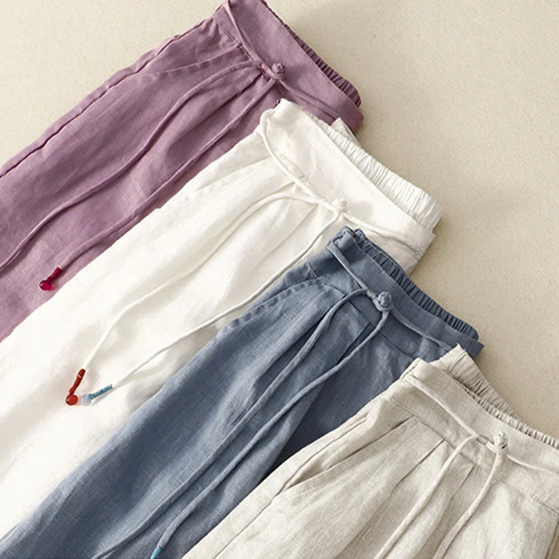 Pantaloni larghi da donna in cotone e lino, con tasche, modello Buddha Stones, casual, primavera, tinta unita, con coulisse, lunghezza 7-8 - Image 20