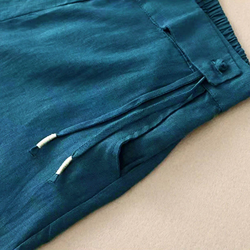 Pantaloni Capri larghi da donna con tasche, tinta unita e un bottone, modello Buddha Stones - Image 30