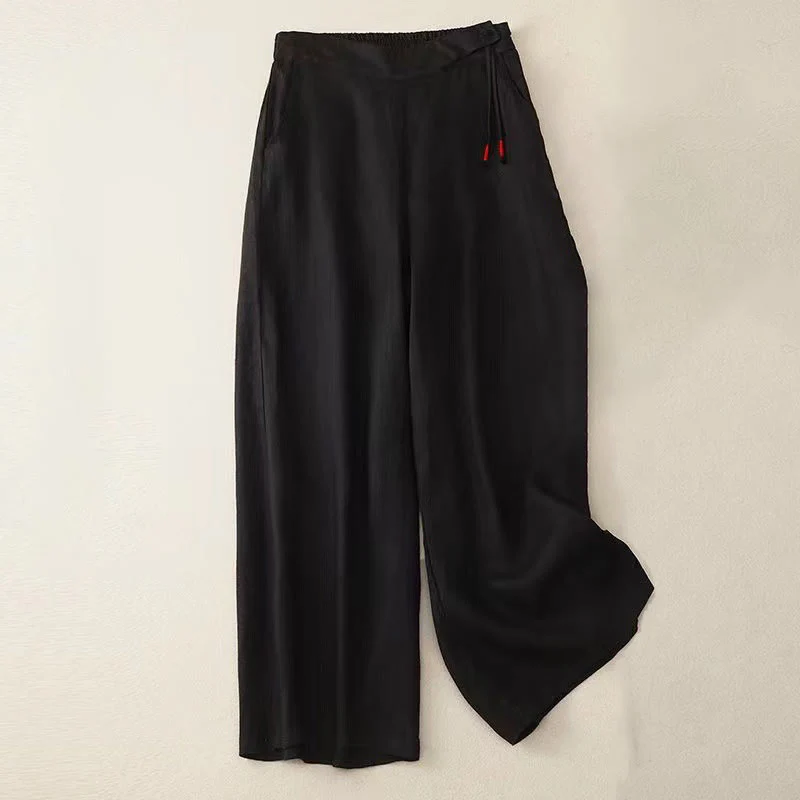Pantaloni Capri larghi da donna con tasche, tinta unita e un bottone, modello Buddha Stones - Image 7