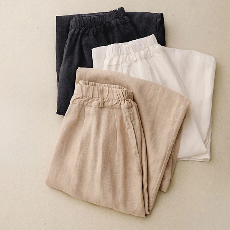 Pantaloni larghi da donna in cotone tinta unita con tasche Buddha Stones - Image 29