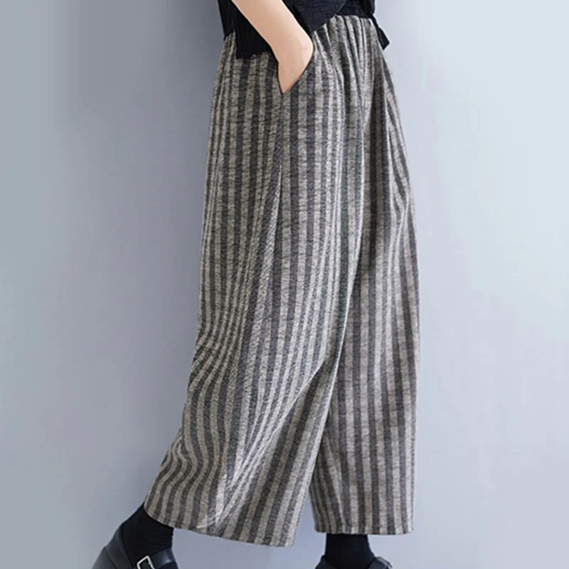Pantaloni larghi da donna in poliestere con tasche, a righe, in velluto a coste, casual, da 7-8 Buddha Stones - Image 10