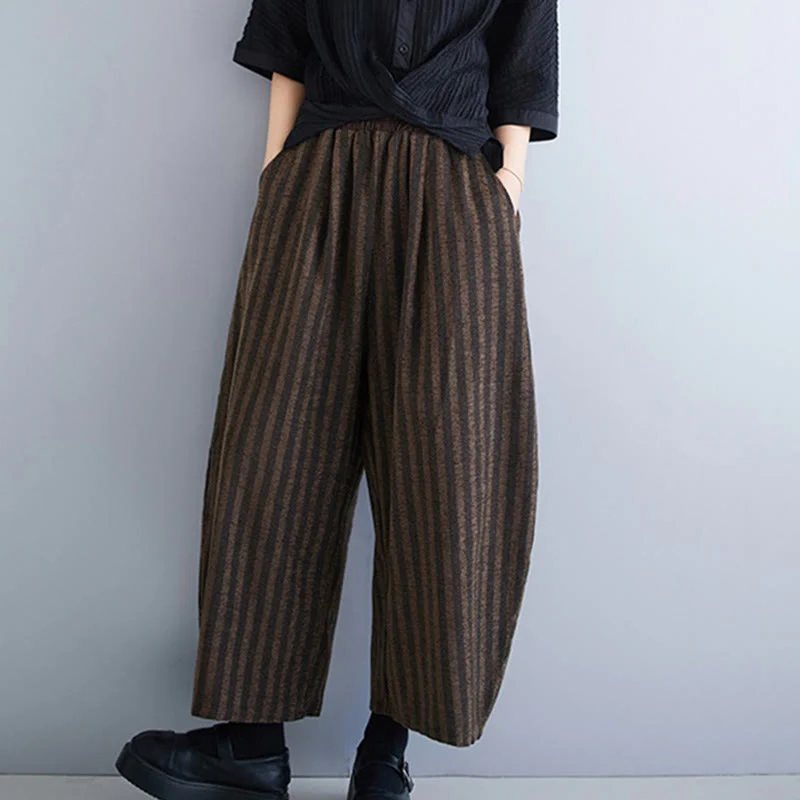 Pantaloni larghi da donna in poliestere con tasche, a righe, in velluto a coste, casual, da 7-8 Buddha Stones - Image 15