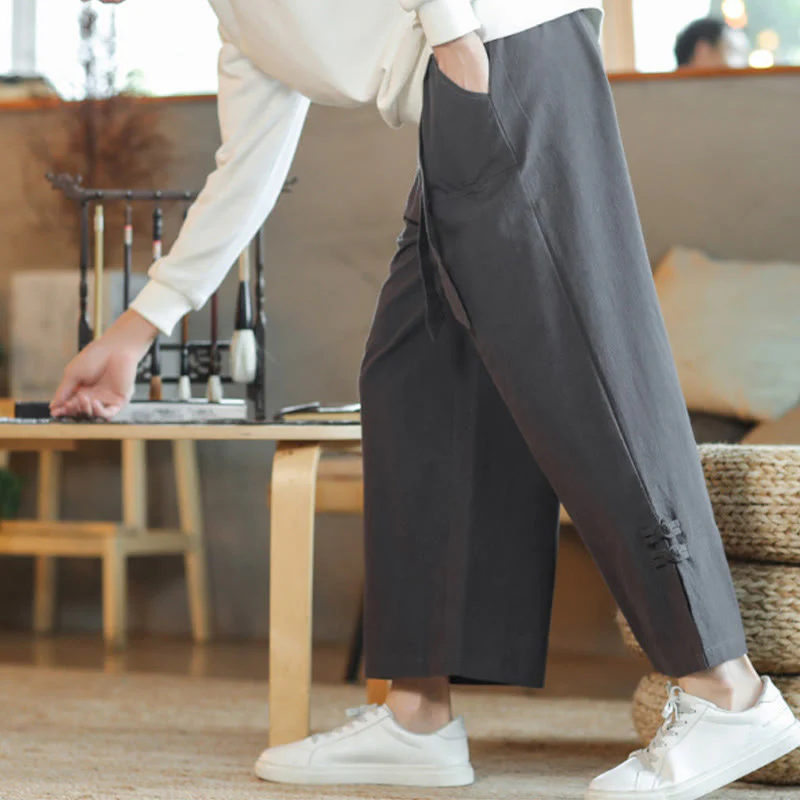 Pantaloni larghi da uomo in cotone con tasche, coulisse, bottoni cinesi e rana, modello Buddha Stones Fall - Image 9